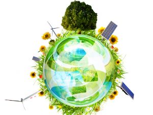 Erdkugel mit Bäumen, Solarzellen, Pflanzen drumherum als Teaser für das Special Nachhaltigkeit im Magazin Wohlfühlen